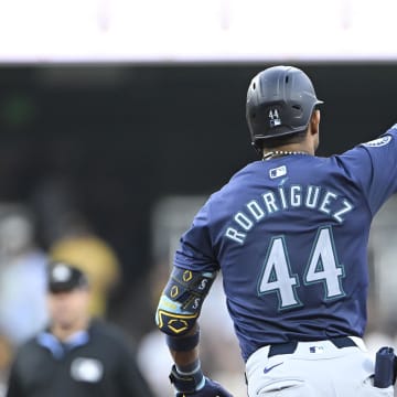 Seattle Mariners center fielder Julio Rodriguez rounds the bases after hitting a solo home run against the San Diego Padres on July 9.