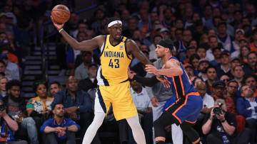 ndiana Pacers forward Pascal Siakam (43) shields the ball.