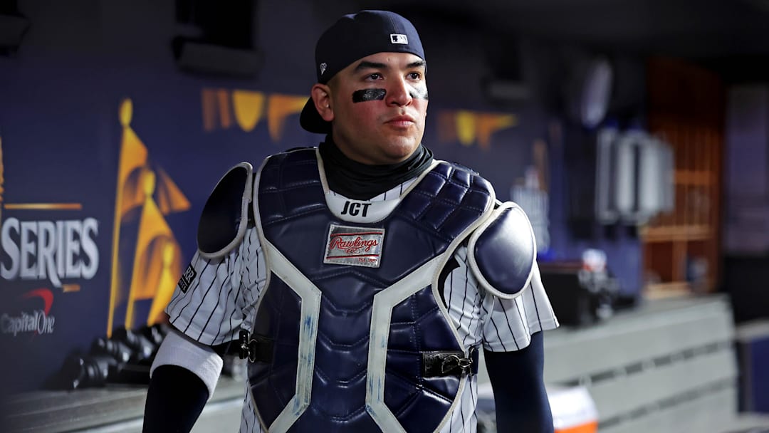 Oct 28, 2024; New York, New York, USA; New York Yankees catcher Jose Trevino (39) walks to the bull pin to warm up before playing against the Los Angeles Dodgers in game three of the 2024 MLB World Series at Yankee Stadium. Mandatory Credit: Brad Penner-Imagn Images