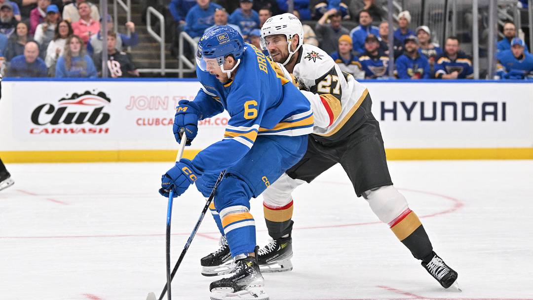 Oct 22, 2026; St. Louis, Missouri, USA;  Vegas Golden Knights defenseman Shea Theodore (27) pressures St. Louis Blues defenseman Philip Broberg (6) during the second period at Enterprise Center.  Mandatory Credit: Jeff Le-Imagn Images