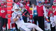 Nov 23, 2025; Kansas City, Missouri, USA; Indianapolis Colts quarterback Daniel Jones (17) runs against the Kansas City Chiefs in the second half at GEHA Field at Arrowhead Stadium. Mandatory Credit: Denny Medley-Imagn Images