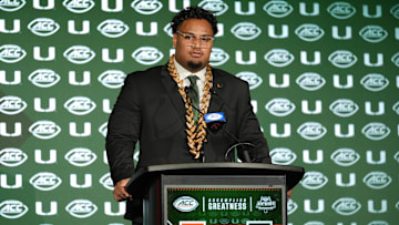 Jul 22, 2025; Charlotte, NC, USA; Miami offensive lineman Francis Mauigoa, Jr answers questions from the media during ACC Media Days at Hilton Charlotte Uptown. Mandatory Credit: Jim Dedmon-Imagn Images