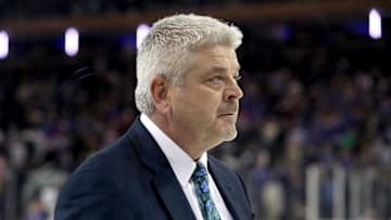 Dec 10, 2023; New York, New York, USA; Los Angeles Kings head coach Todd McLellan walks off the ice after a 4-1 loss against the New York Rangers at Madison Square Garden. Mandatory Credit: Danny Wild-Imagn Images