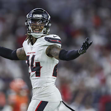 Sep 15, 2024; Houston, Texas, USA; Houston Texans cornerback Derek Stingley Jr. (24) reacts after a play during the fourth quarter against the Chicago Bears at NRG Stadium. Mandatory Credit: Troy Taormina-Imagn Images