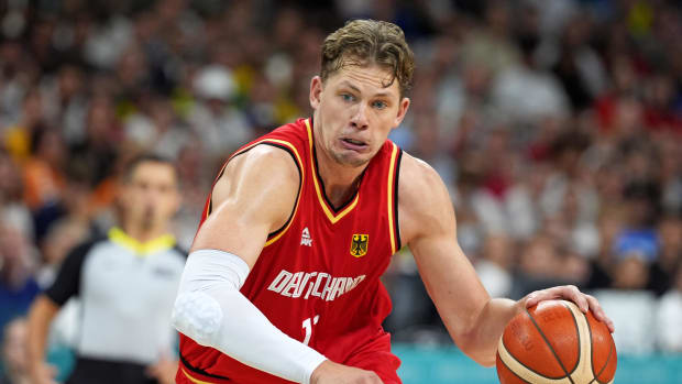 Germany forward Moritz Wagner drives to the basket against Brazil in men’s basketball Group B play. 