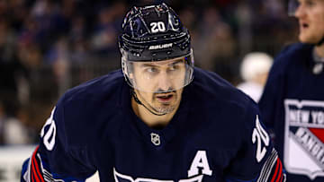 Nov 3, 2024; New York, New York, USA; New York Rangers left wing Chris Kreider (20) skates against the New York Islanders during the third period at Madison Square Garden. Mandatory Credit: Danny Wild-Imagn Images