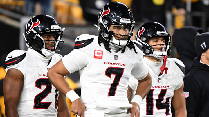 Jan 12, 2026; Pittsburgh, PA, USA; Houston Texans quarterback C.J. Stroud (7) warms up before an AFC Wild Card Round game against the Pittsburgh Steelers at Acrisure Stadium. Mandatory Credit: Barry Reeger-Imagn Images