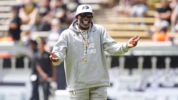Sep 6, 2025; Boulder, Colorado, USA; Colorado Buffaloes head coach Deion Sanders before the game against the Delaware Fightin Blue Hens at Folsom Field. Mandatory Credit: Ron Chenoy-Imagn Images