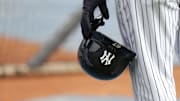 Mar 2, 2018; Tampa, FL, USA; A general view of New York Yankees third baseman Miguel Andujar (67) as he holds his helmet prior to the game against the Atlanta Braves at George M. Steinbrenner Field. Mandatory Credit: Kim Klement-Imagn Images