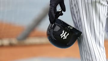 Mar 2, 2018; Tampa, FL, USA; A general view of New York Yankees third baseman Miguel Andujar (67) as he holds his helmet prior to the game against the Atlanta Braves at George M. Steinbrenner Field. Mandatory Credit: Kim Klement-Imagn Images