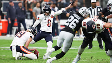Sep 28, 2025; Paradise, Nevada, USA; Chicago Bears kicker Cairo Santos (8) kicks a field goal during the second quarter against the Las Vegas Raiders at Allegiant Stadium. Mandatory Credit: Kiyoshi Mio-Imagn Images