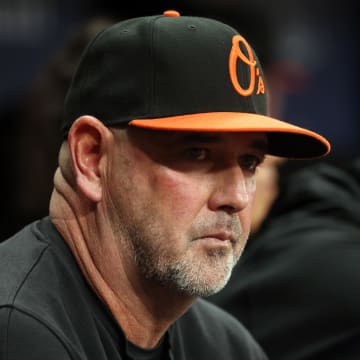 Jun 7, 2024; St. Petersburg, Florida, USA; Baltimore Orioles manager Brandon Hyde (18) looks on against the Tampa Bay Rays during the eighth inning  at Tropicana Field.