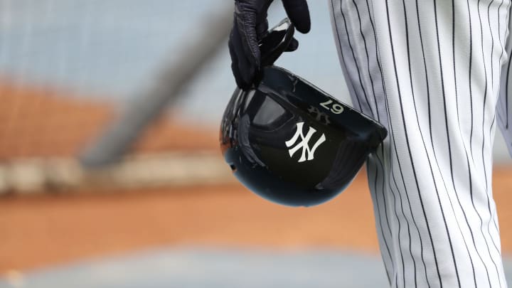 Mar 2, 2018; Tampa, FL, USA; A general view of New York Yankees third baseman Miguel Andujar (67) as he holds his helmet prior to the game against the Atlanta Braves at George M. Steinbrenner Field. Mandatory Credit: Kim Klement-USA TODAY Sports