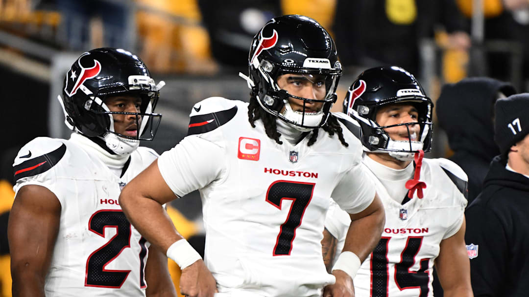Jan 12, 2026; Pittsburgh, PA, USA; Houston Texans quarterback C.J. Stroud (7) warms up before an AFC Wild Card Round game against the Pittsburgh Steelers at Acrisure Stadium. Mandatory Credit: Barry Reeger-Imagn Images