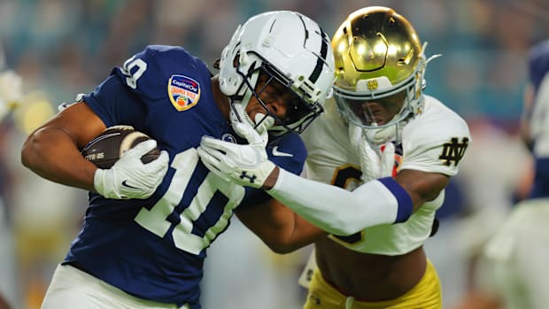 Adon Shuler tackles Penn State running back Nicholas Singleton in the 2025 Orange Bow
