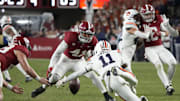 Nov 30, 2024; Tuscaloosa, Alabama, USA;  Auburn Tigers wide receiver Malcolm Simmons (11) fumbles a punt but recovers as Alabama Crimson Tide defensive back Prince Butler (48) and linebacker Justin Okoronkwo (41) close in during second half at Bryant-Denny Stadium. Alabama won 28-14. Mandatory Credit: Gary Cosby Jr.-Imagn Images