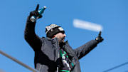 Feb 14, 2025; Philadelphia, PA, USA; Philadelphia Eagles head coach Nick Sirianni celebrates during the Super Bowl LIX championship parade and rally. Mandatory Credit: Caean Couto-Imagn Images