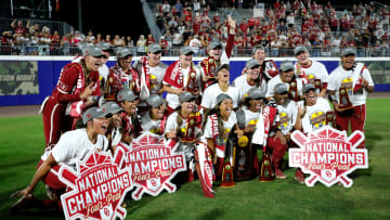 Oklahoma celebrates winning the NCAA softball Women's College World Series Championship Series over the Texas Longhorns at Devon Park in Oklahoma City, Thursday, June, 6, 2024.