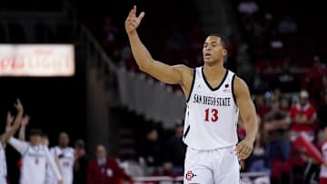 Feb 24, 2024; Fresno, California, USA; San Diego State Aztecs forward Jaedon LeDee (13) reacts after