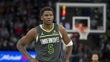 Jan 15, 2025; Minneapolis, Minnesota, USA; Minnesota Timberwolves guard Anthony Edwards (5) looks on against the Golden State Warriors in the second half at Target Center. Mandatory Credit: Jesse Johnson-Imagn Images