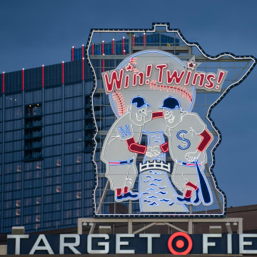May 15, 2024; Minneapolis, Minnesota, USA; Minneapolis and St. Paul are featured in a display in the outfield of the home of the Minnesota Twins, Target Field.