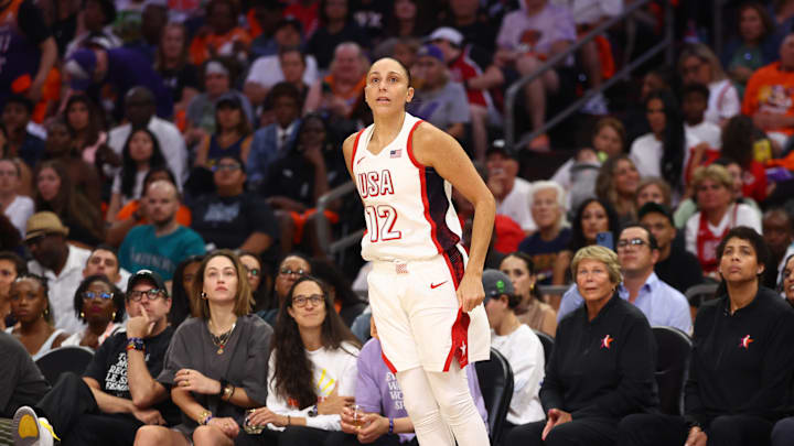 Jul 20, 2024; Phoenix, AZ, USA; USA Women's National Team guard Diana Taurasi (12) during the WNBA All Star game at Footprint Center. Mandatory Credit: Mark J. Rebilas-Imagn Images Jul 20, 2024; Phoenix, AZ, USA; USA Women's National Team guard Diana Taurasi (12) during the WNBA All Star game at Footprint Center. Mandatory Credit: Mark J. Rebilas-Imagn Images