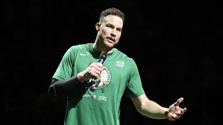 Apr 9, 2023: Boston Celtics forward Blake Griffin addresses the fans prior to a game against the Atlanta Hawks at TD Garden.