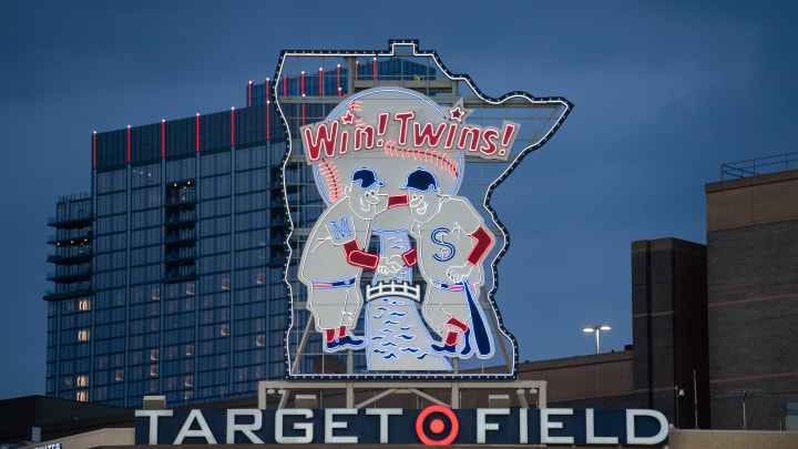 May 15, 2024; Minneapolis, Minnesota, USA; Minneapolis and St. Paul are featured in a display in the outfield of the home of the Minnesota Twins, Target Field.