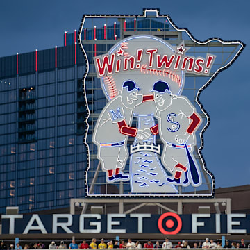 May 15, 2024; Minneapolis, Minnesota, USA; Minneapolis and St. Paul are featured in a display in the outfield of the home of the Minnesota Twins, Target Field.