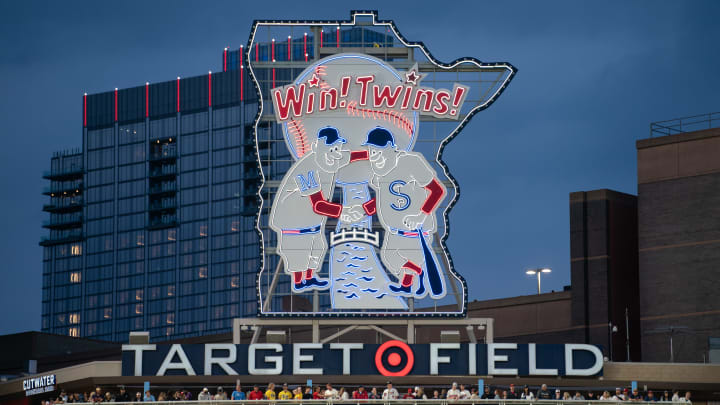 May 15, 2024; Minneapolis, Minnesota, USA; Minneapolis and St. Paul are featured in a display in the outfield of the home of the Minnesota Twins, Target Field.