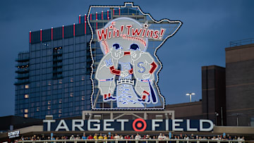 May 15, 2024; Minneapolis, Minnesota, USA; Minneapolis and St. Paul are featured in a display in the outfield of the home of the Minnesota Twins, Target Field.