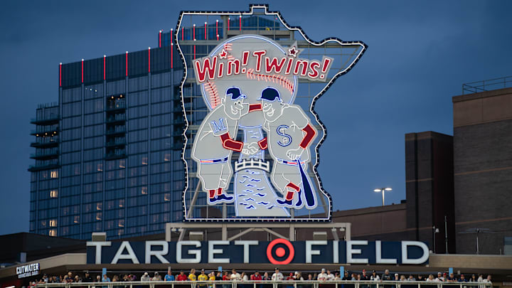 May 15, 2024; Minneapolis, Minnesota, USA; Minneapolis and St. Paul are featured in a display in the outfield of the home of the Minnesota Twins, Target Field. May 15, 2024; Minneapolis, Minnesota, USA; Minneapolis and St. Paul are featured in a display in the outfield of the home of the Minnesota Twins, Target Field.