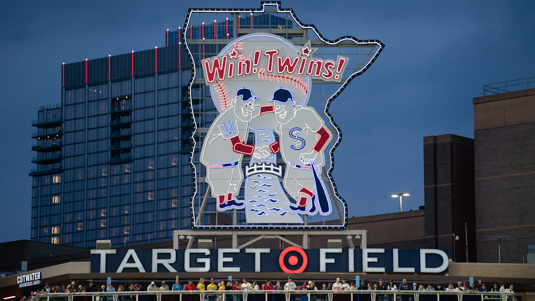 May 15, 2024; Minneapolis, Minnesota, USA; Minneapolis and St. Paul are featured in a display in the outfield of the home of the Minnesota Twins, Target Field.