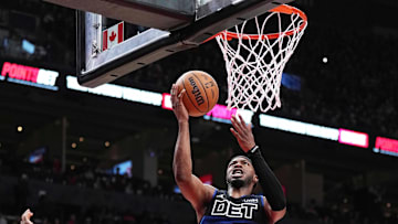 Nov 19, 2023; Toronto, Ontario, CAN; Detroit Pistons guard Stanley Umude (17) drives to the basket