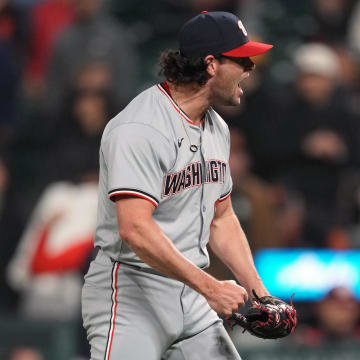 Apr 9, 2024; San Francisco, California, USA; Washington Nationals pitcher Kyle Finnegan (67) reacts after defeating the San Francisco Giants at Oracle Park.