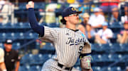 May 31, 2025; Oxford, MS, USA; Georgia Tech Yellowjackets pitcher Brady Jones (99) pitches during the first inning against the Murray State Racers. Mandatory Credit: Petre Thomas-Imagn Images
