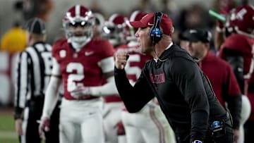 Nov 30, 2024; Tuscaloosa, Alabama, USA;  Alabama Crimson Tide head coach Kalen DeBoer is upset with officials after a Tide player was called for a personal foul during the second half against the Autumn Tigers at Bryant-Denny Stadium. Alabama won 28-14. Mandatory Credit: Gary Cosby Jr.-Imagn Images