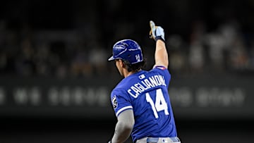 Jun 19, 2025; Arlington, Texas, USA; Kansas City Royals right fielder Jac Caglianone (14) rounds the bases after hitting a home run against the Texas Rangers during the ninth inning at Globe Life Field. Mandatory Credit: Jerome Miron-Imagn Images