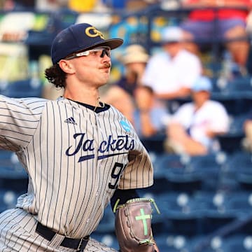 May 31, 2025; Oxford, MS, USA; Georgia Tech Yellowjackets pitcher Brady Jones (99) pitches during the first inning against the Murray State Racers. Mandatory Credit: Petre Thomas-Imagn Images