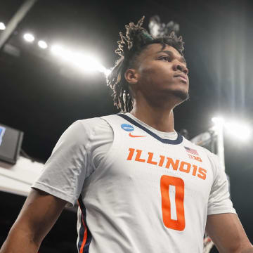 Mar 23, 2024; Omaha, NE, USA; Illinois Fighting Illini guard Terrence Shannon Jr. (0) looks on against the Duquesne Dukes during the second half in the second round of the 2024 NCAA Tournament at CHI Health Center Omaha. Mandatory Credit: Dylan Widger-USA TODAY Sports