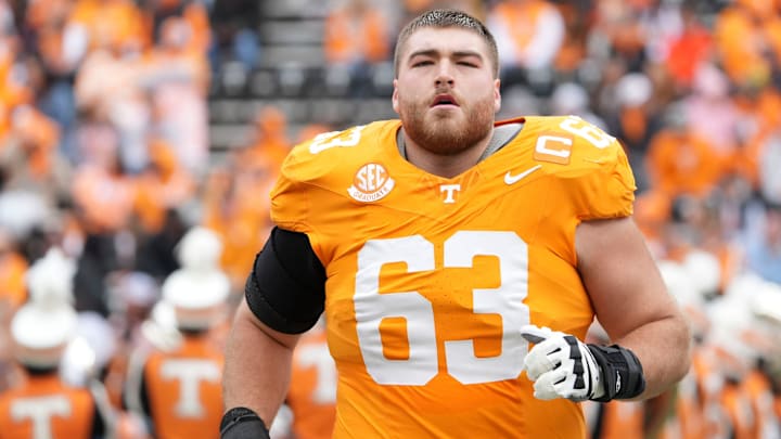 Tennessee offensive lineman Cooper Mays (63) runs onto the field during senior day ceremonies ahead of the NCAA college football game against UTEP on Saturday, Nov. 23, 2024, in Knoxville, Tenn.