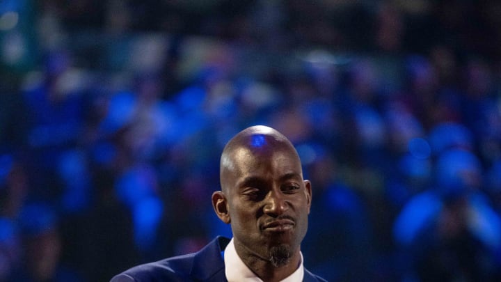 February 20, 2022; Cleveland, Ohio, USA; NBA great Kevin Garnett is honored for being selected to the NBA 75th Anniversary Team during halftime in the 2022 NBA All-Star Game at Rocket Mortgage FieldHouse. Mandatory Credit: Kyle Terada-USA TODAY Sports