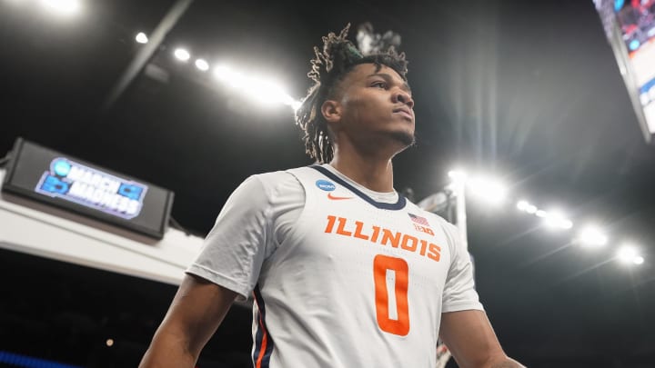 Mar 23, 2024; Omaha, NE, USA; Illinois Fighting Illini guard Terrence Shannon Jr. (0) looks on against the Duquesne Dukes during the second half in the second round of the 2024 NCAA Tournament at CHI Health Center Omaha. Mandatory Credit: Dylan Widger-USA TODAY Sports
