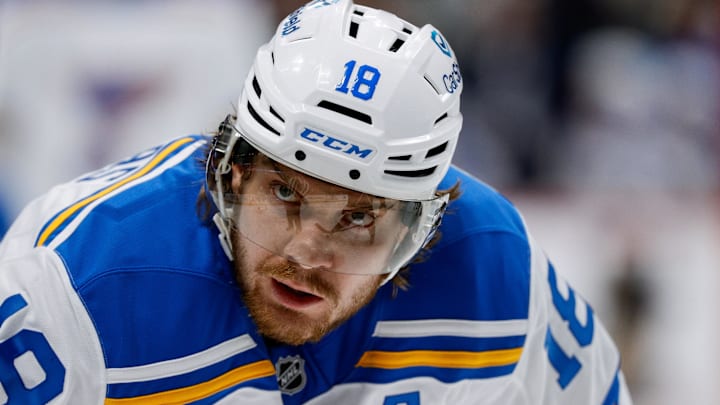 Dec 31, 2025; Denver, Colorado, USA; St. Louis Blues center Robert Thomas (18) in the third period against the Colorado Avalanche at Ball Arena. Mandatory Credit: Isaiah J. Downing-Imagn Images