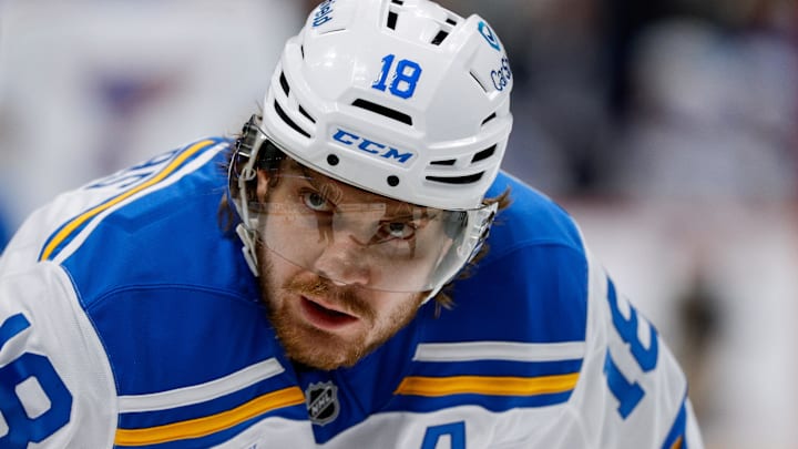 Dec 31, 2025; Denver, Colorado, USA; St. Louis Blues center Robert Thomas (18) in the third period against the Colorado Avalanche at Ball Arena. Mandatory Credit: Isaiah J. Downing-Imagn Images