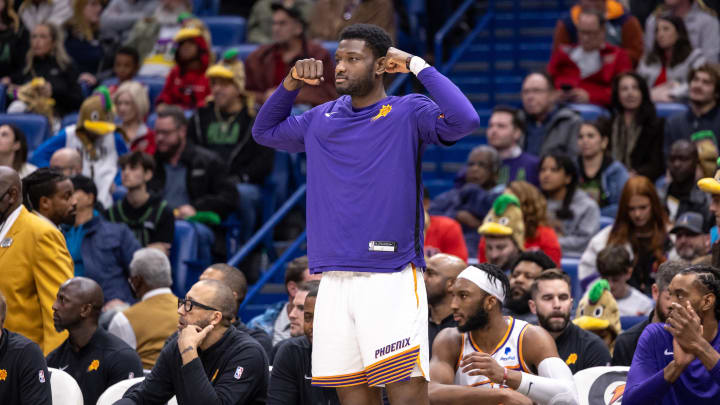 Jan 19, 2024; New Orleans, Louisiana, USA;  Phoenix Suns forward Chimezie Metu (4) reacts to guard