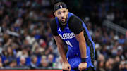 Dec 23, 2024; Orlando, Florida, USA; Orlando Magic guard Jalen Suggs (4) looks on against the Boston Celtics in the third quarter at Kia Center. Mandatory Credit: Nathan Ray Seebeck-Imagn Images