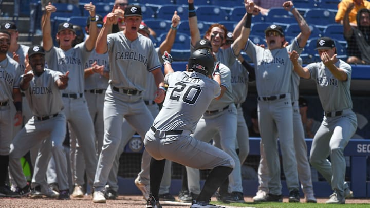 South Carolina baseball star Ethan Petry celebrating a home run during the 2024 season