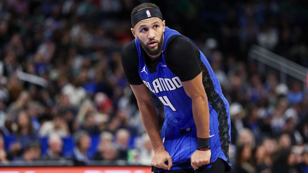 Dec 23, 2024; Orlando, Florida, USA; Orlando Magic guard Jalen Suggs (4) looks on against the Boston Celtics in the third quarter at Kia Center. Mandatory Credit: Nathan Ray Seebeck-Imagn Images