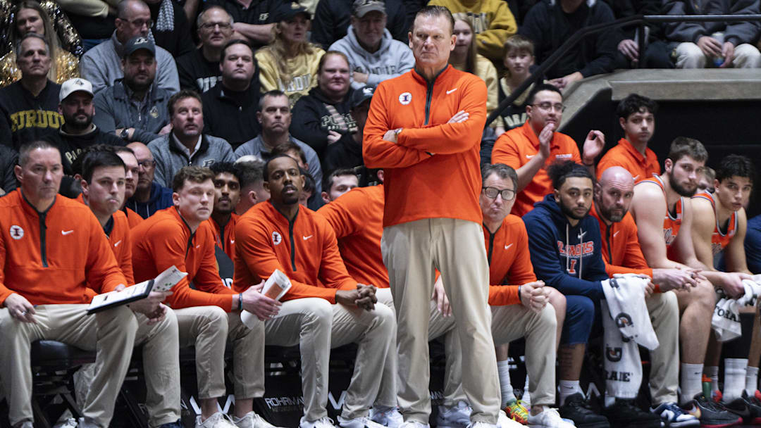 Jan 24, 2026; West Lafayette, Indiana, USA; Illinois Fighting Illini head coach Brad Underwood looks at a referee during the first half of a game against the Purdue Boilermakers at Mackey Arena. Mandatory Credit: Jacob Musselman-Imagn Images